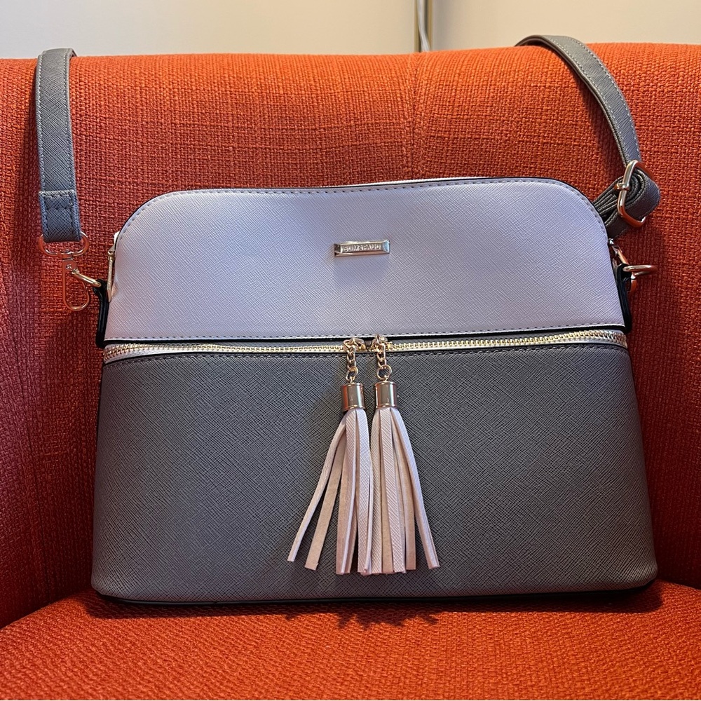NWOT Elim & Paul Two-Tone Gray and Cream White Crossbody Bag with Tassels